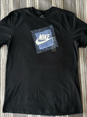 Nike Black Tee with Blue Dot Square and White Swoosh